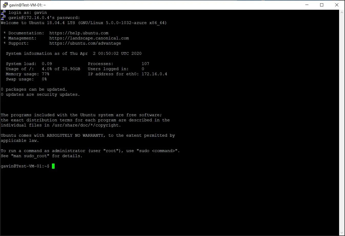 SSH connection to Azure VM