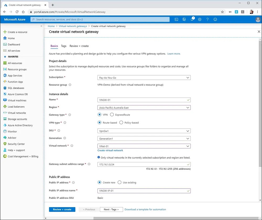 Azure VPN Gateway configuration