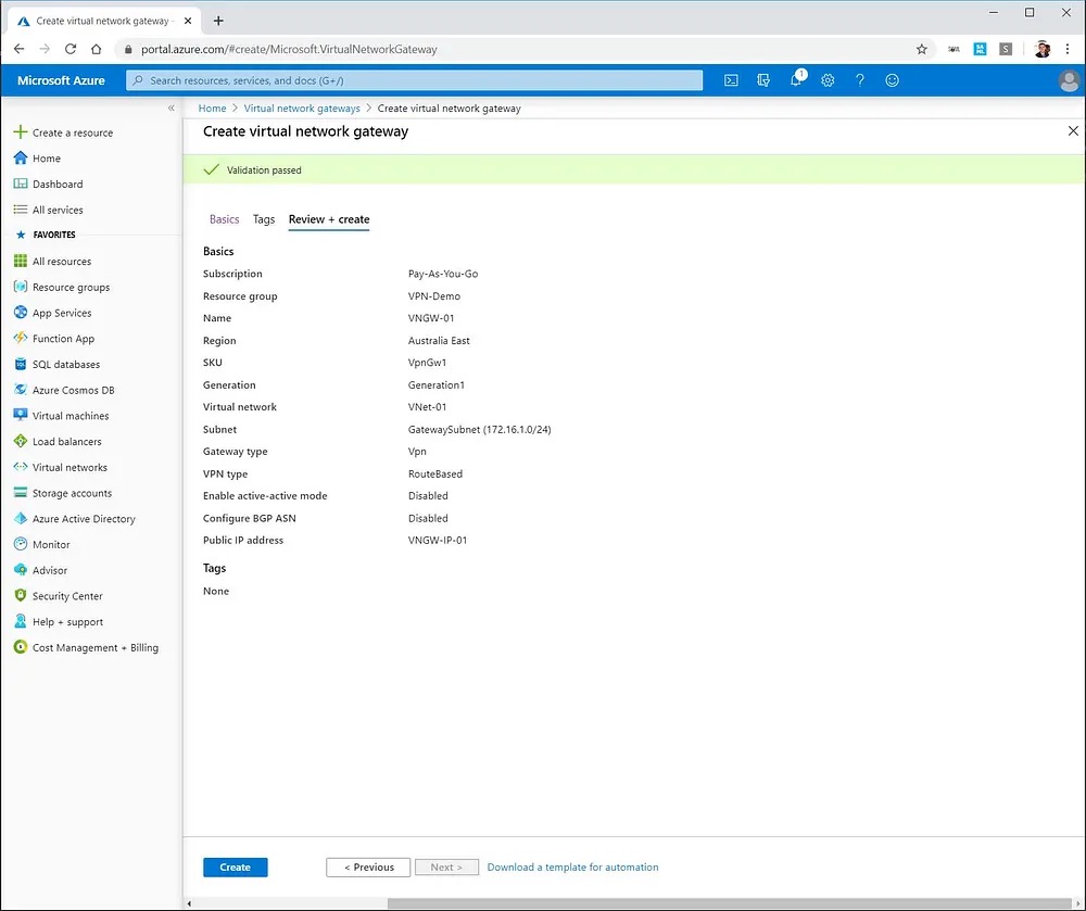 Gateway subnet configuration
