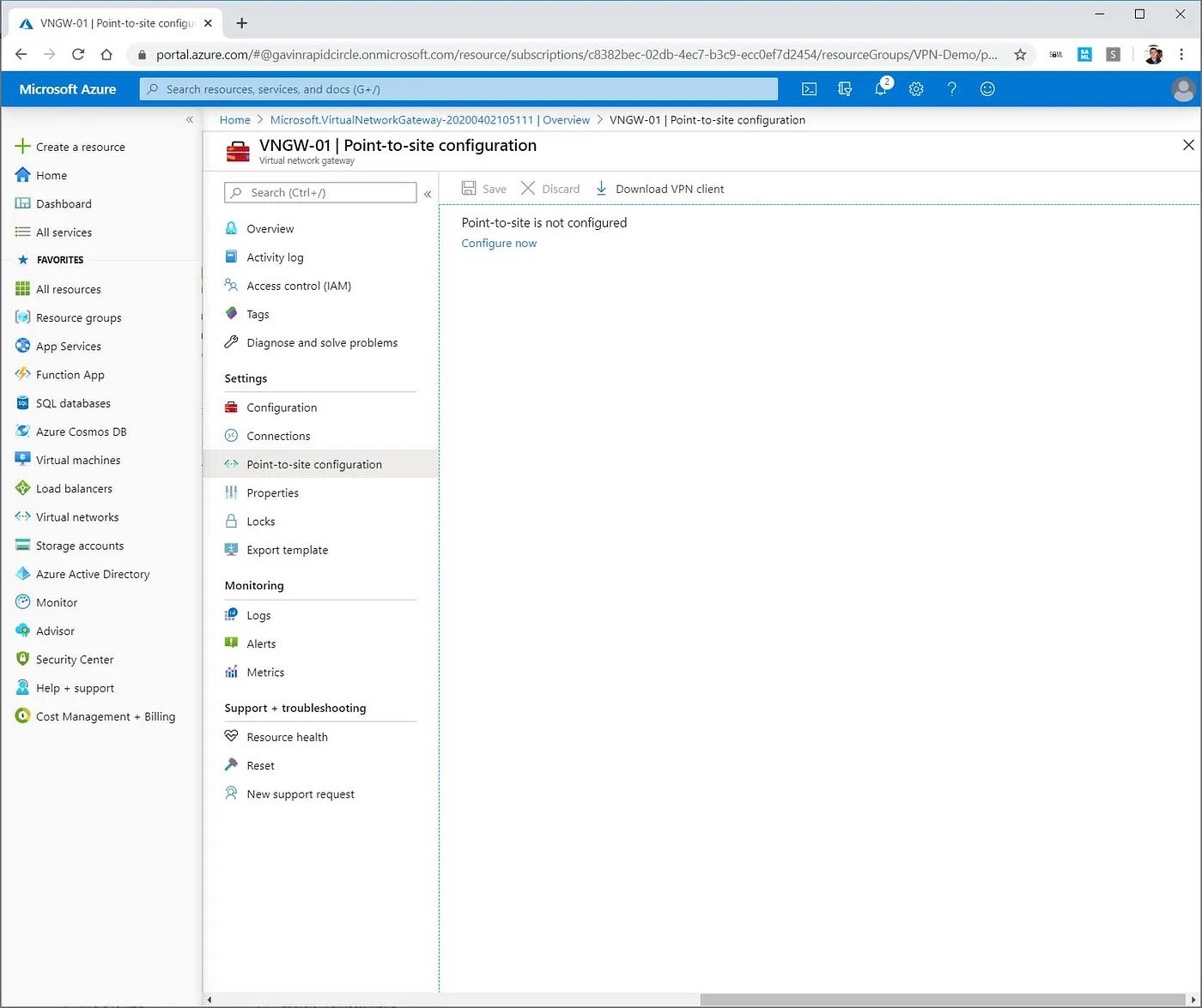 Point-to-Site configuration interface