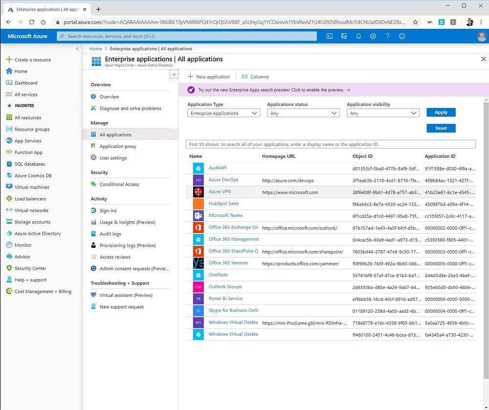Azure VPN enterprise application details