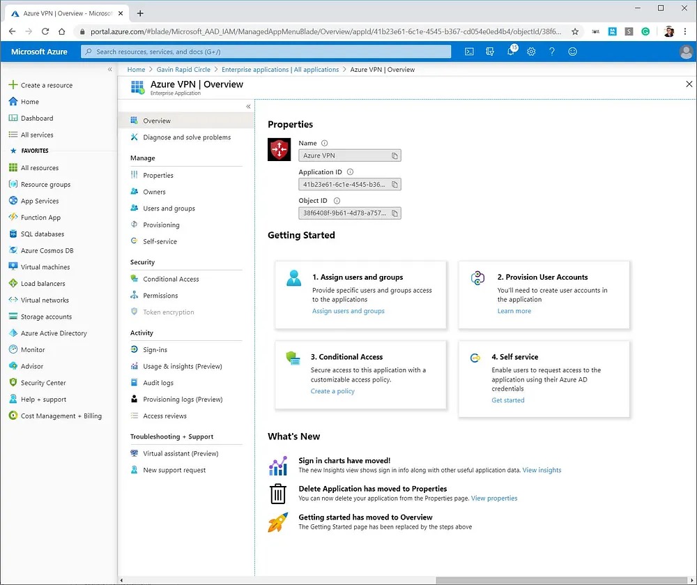 Azure VPN app details in Azure AD
