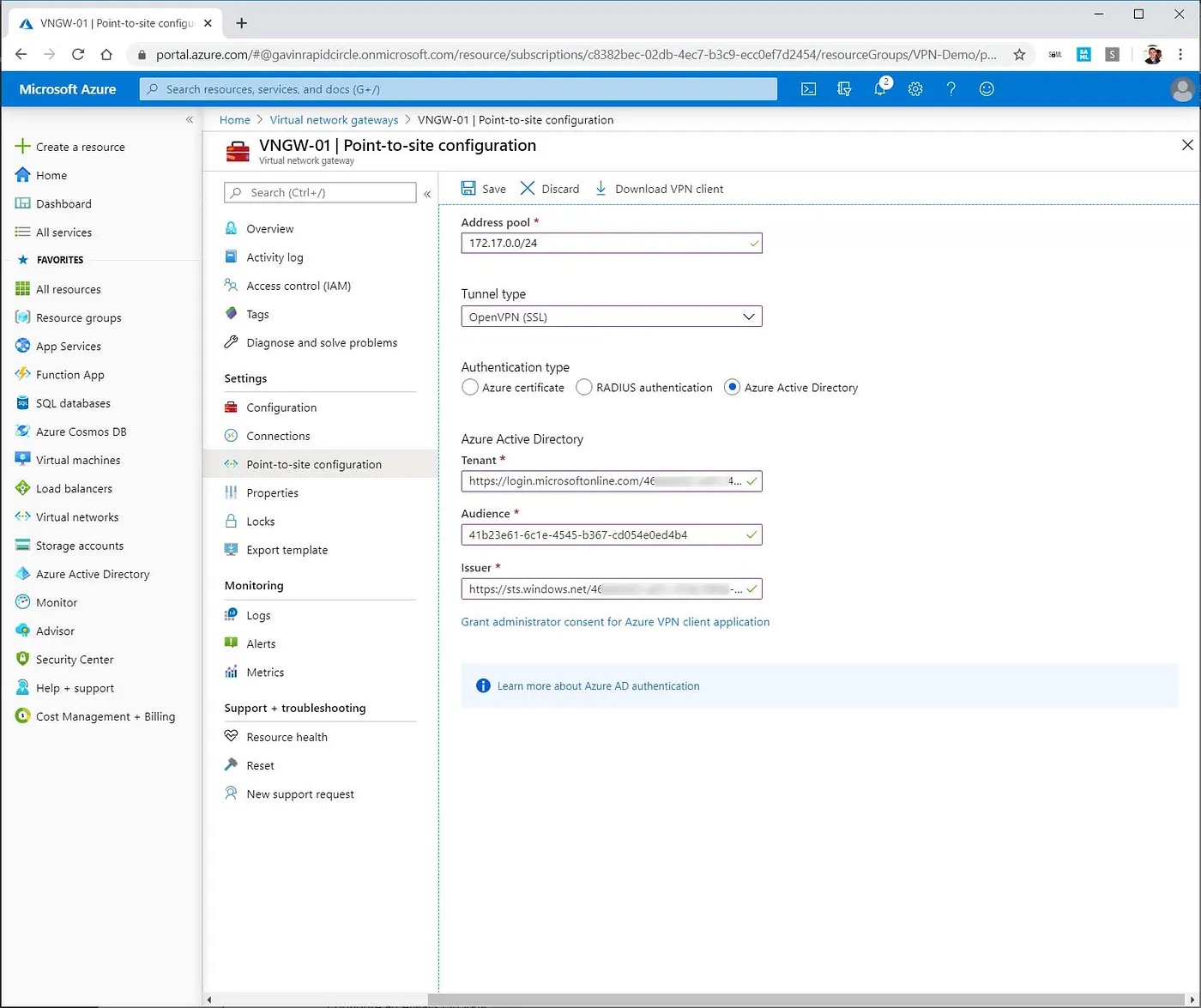 Point-to-Site VPN configuration form