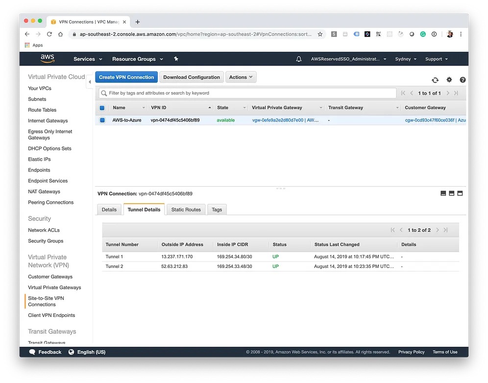 AWS VPN tunnel status showing UP