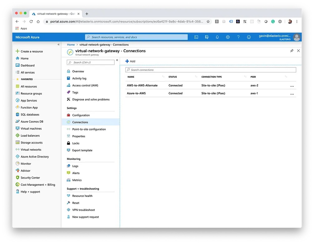 Azure VPN connection status showing Connected