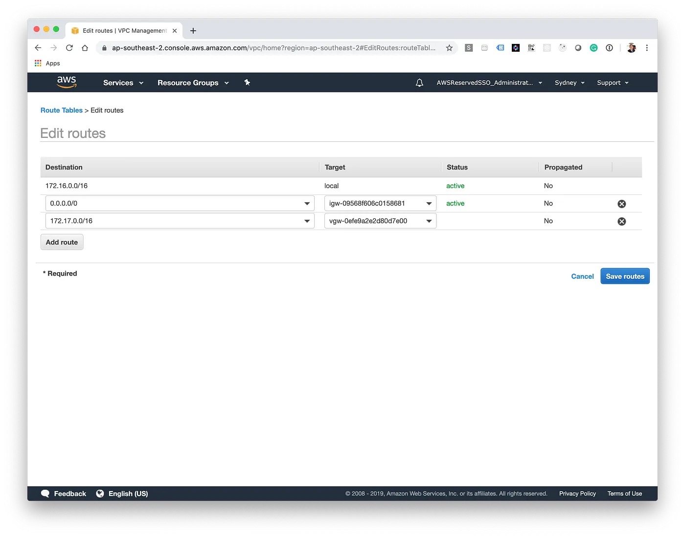 AWS route table configuration for Azure traffic