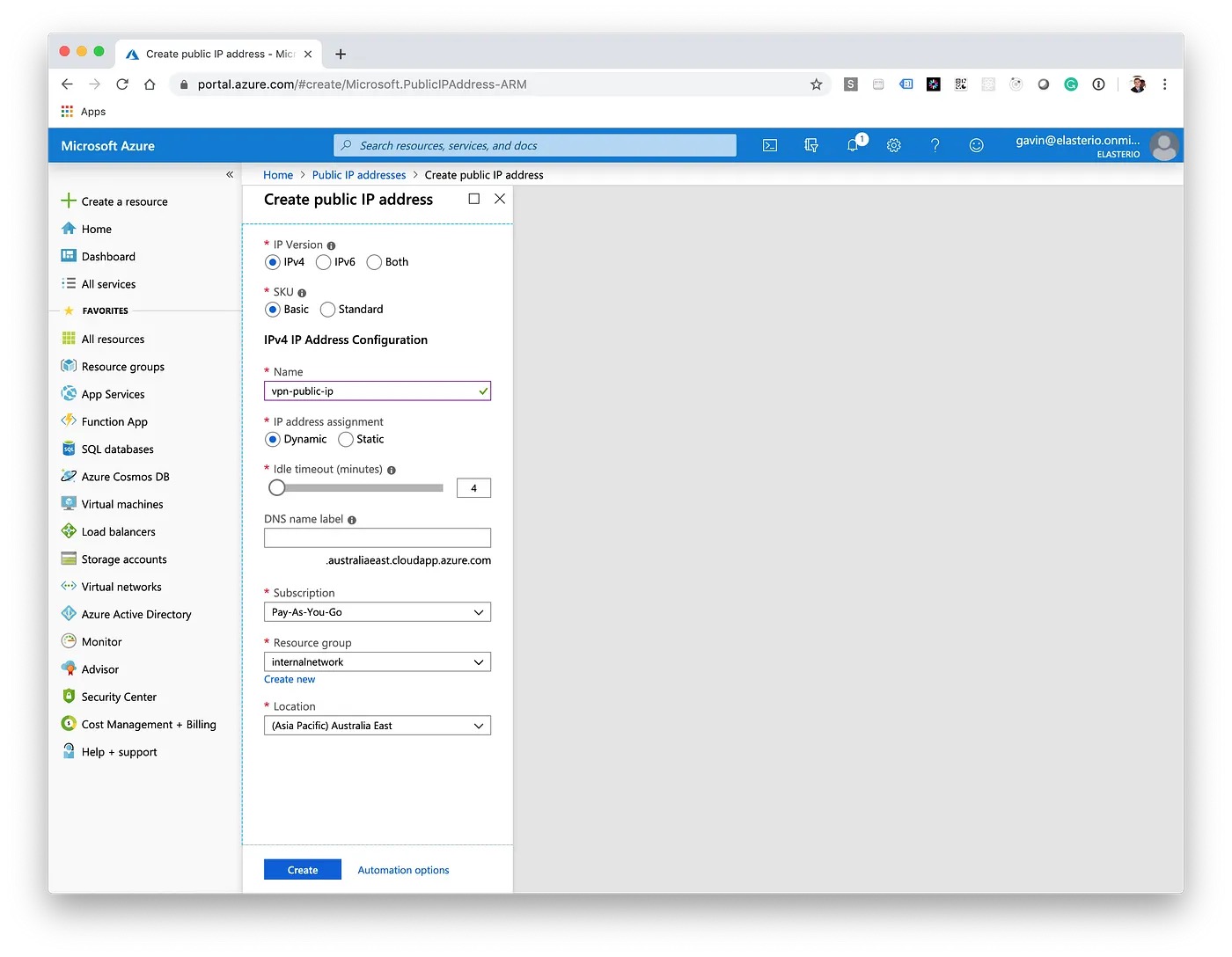 Creating Azure public IP address
