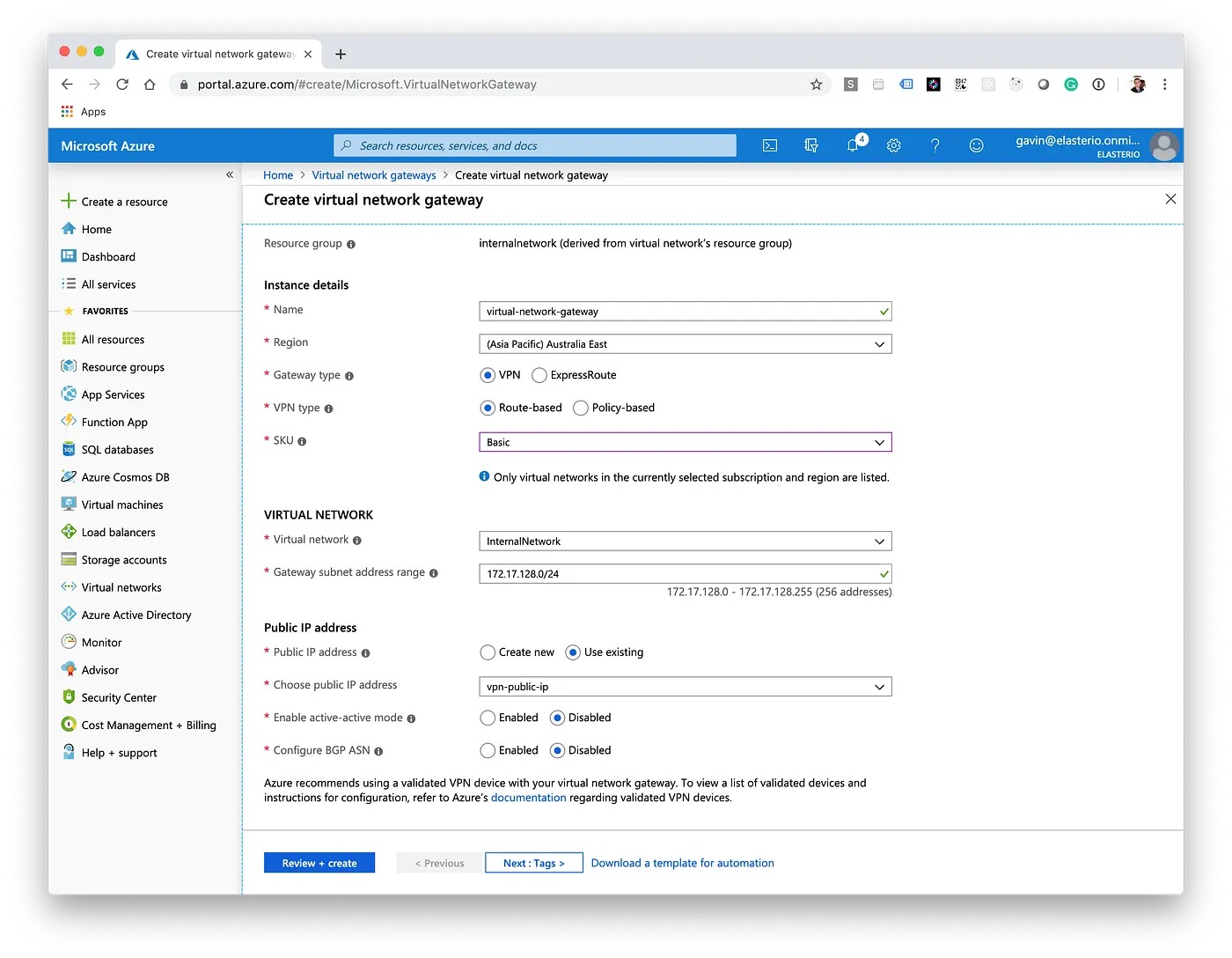 Azure Virtual Network Gateway configuration