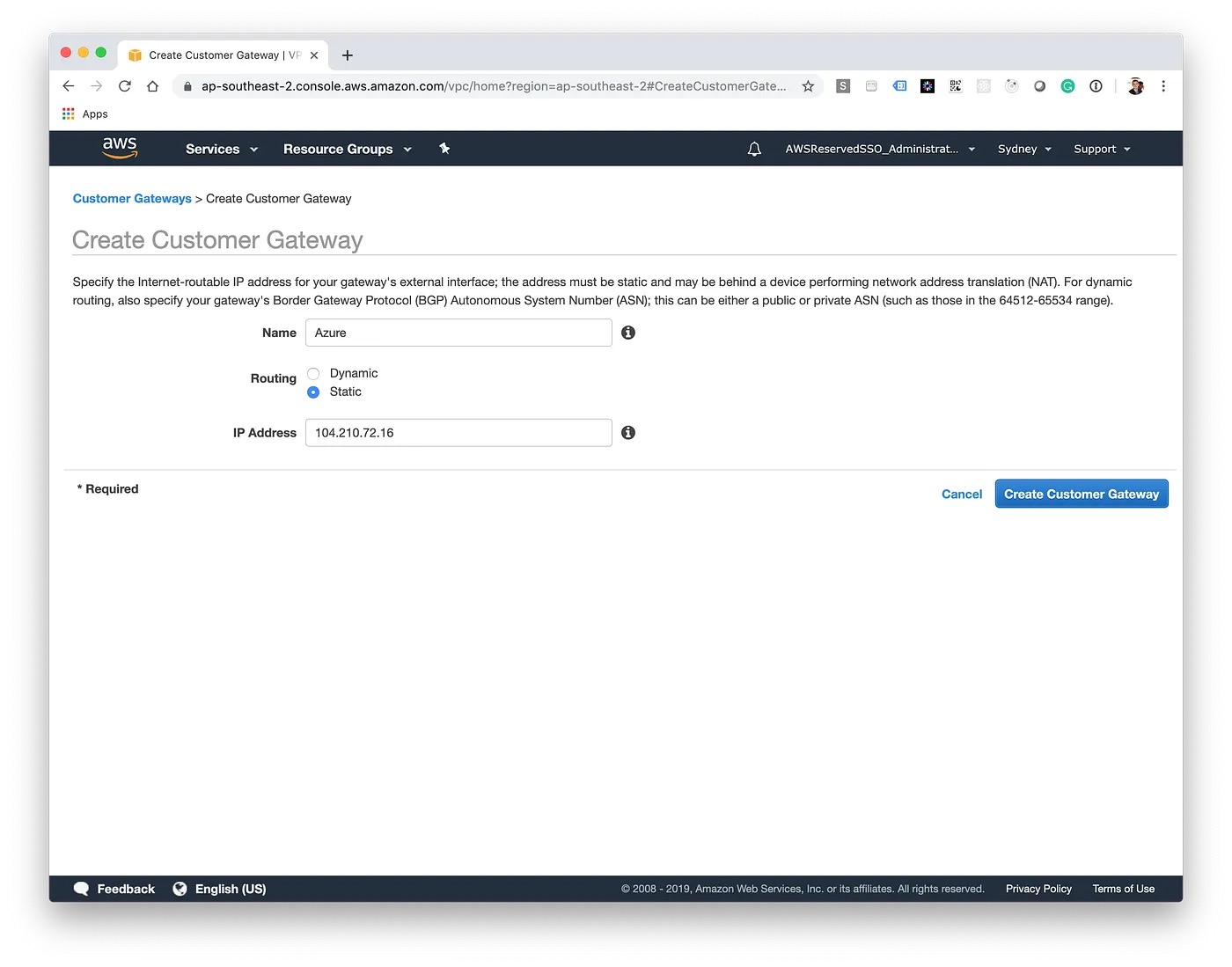 AWS Customer Gateway configuration